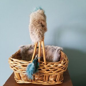 Vintage Native American Basket Woven Fur Handle and draped Handmade Decorative